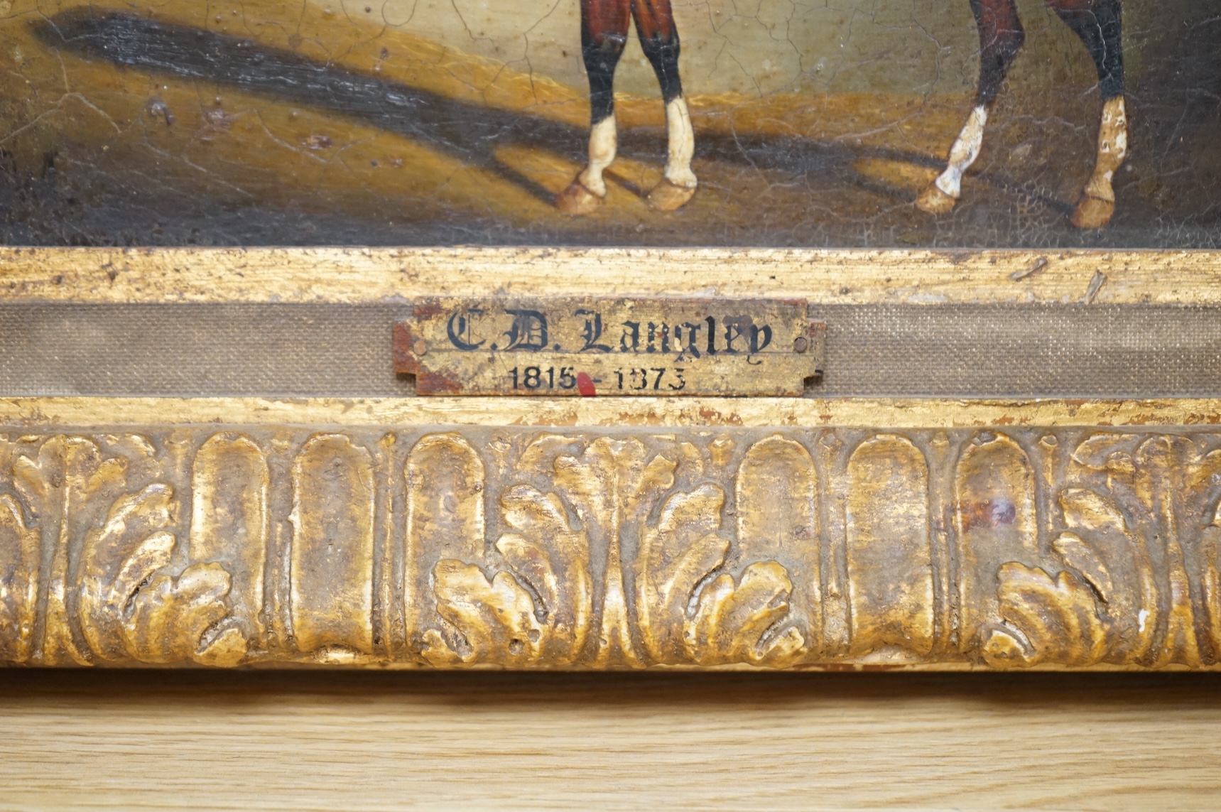 After C D Langley, Study of a bay horse, applied plaque to the ornate gilt frame, Studio M Canals stamp verso, decorative colour print on board, 18 x 24cm